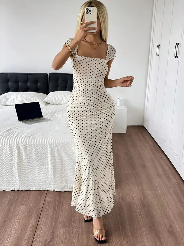 Elegant Lady Polka Dot Print Knitted Long Dress with Square Collar Tight Mermaid Skirt And Split Design for Women — image 2