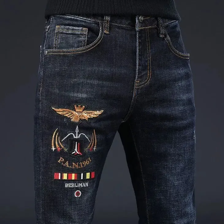 High-end Men's Jeans Summer New Embroidery Printed Slim-fit Elastic Small Feet Trousers Punk Clothing Luxury Brand Men Jeans