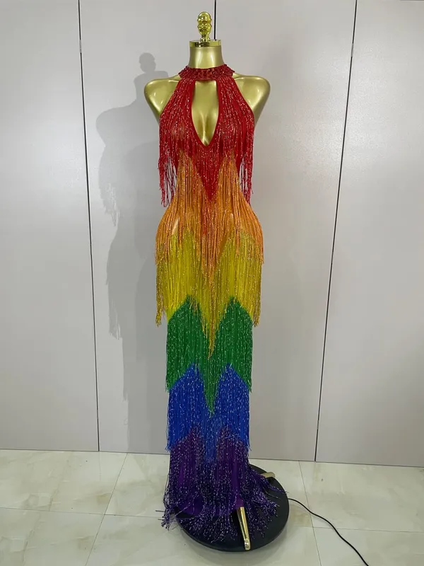 Women Sparkly Diamonds Graduated Rainbow Color Long Dress Sexy Mesh Evening Party Birthday Club Gowns Photoshoot Stage Costumes