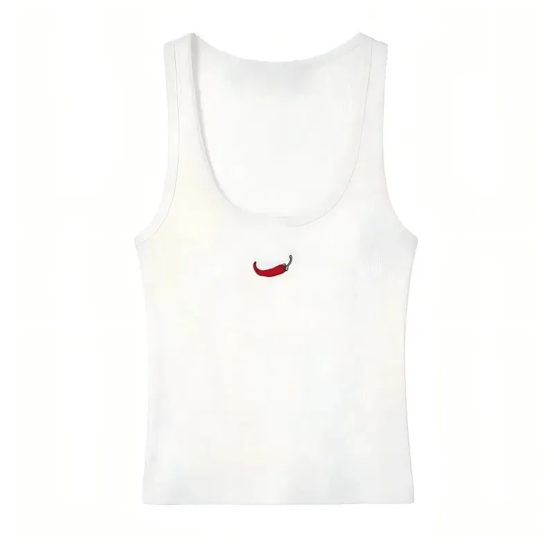 Women's Sleeveless Tank Top - Chili Embroidery Round Neck Ribbed Vest 2026 Summer Sweet Casual