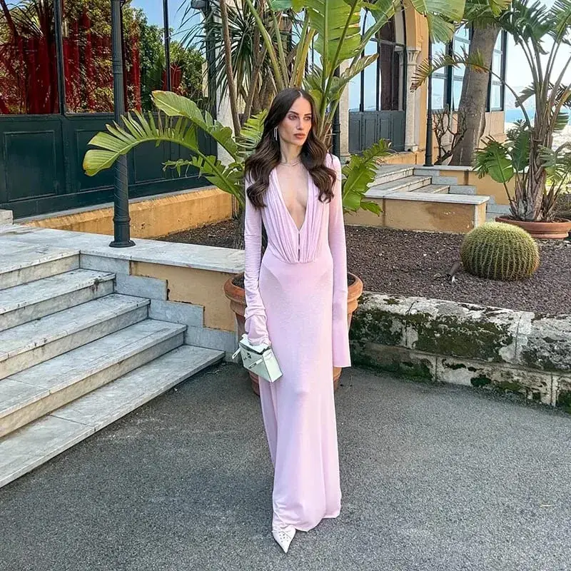 Women's Sexy Sheer Mesh Long Sleeve Maxi Dress Deep V Neck Long Sleeve Party Gown Stylish Lady Ruched Slim Fit Club Beach Wear — image 3
