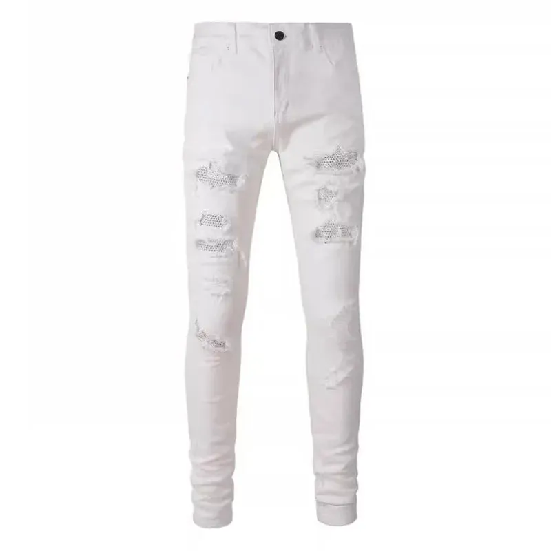 Diamond-encrusted Washed Ripped Patch Patchwork Hot Diamond Jeans Beggar Pants Men — image 5