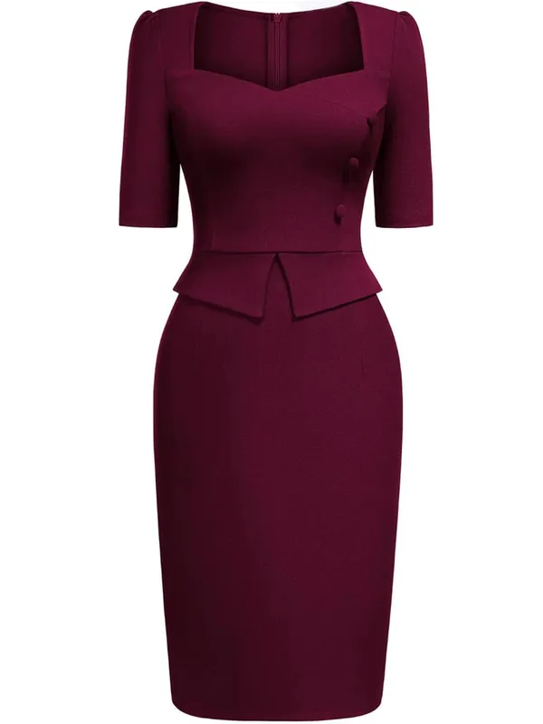 Womens Elegant SquareNeck Short Sleeve Work Office Knee Length Solid Business Casual Party Peplum Pencil Bodycon Sheath Dress