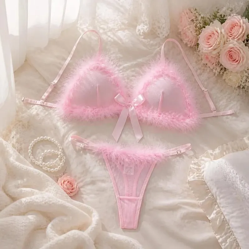 Furry Women's Underwear Wireless Mesh Transparent Lingerie Set Romantic Intimate Bow Decor Bra Panties Suit Intimate Moments — image 3