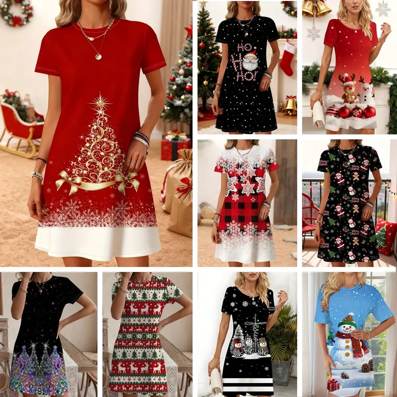 Women'S Christmas Tree Print Dress Red Golden Holiday Party Outfit All-Season Elegant Long Dress for Xmas New Year'S Eve Xmas — image 1