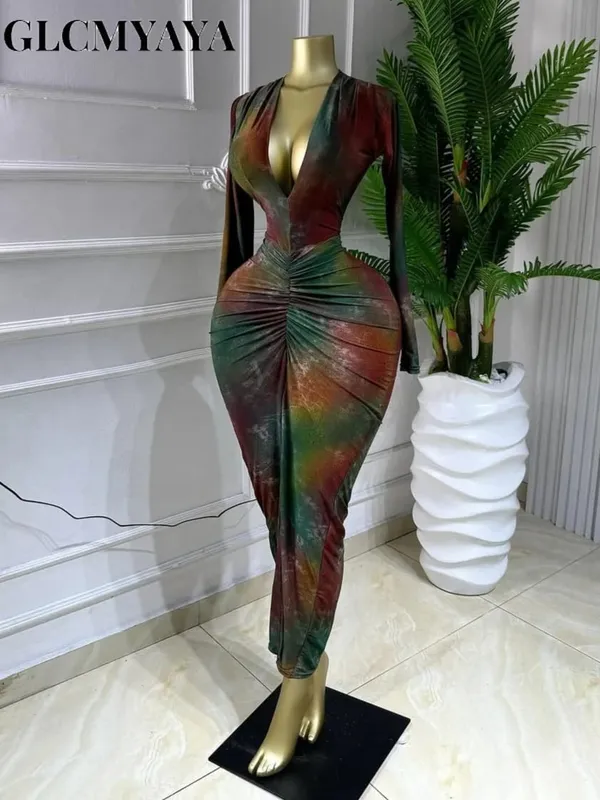 Women Printed Deep V-neck Stacked Ruched Bodycon Midi Maxi Dress 2026 Birthday Holiday Party Trendy Dresses Vestidos