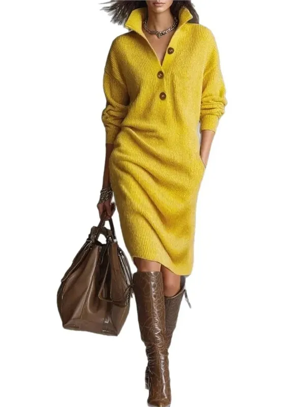 New Autumn Casual Button Loose Straight Knitting Mid-Length Sweater Dresses Women's Fashion Lapel Long Sleeve Pocket Party Dress — image 6