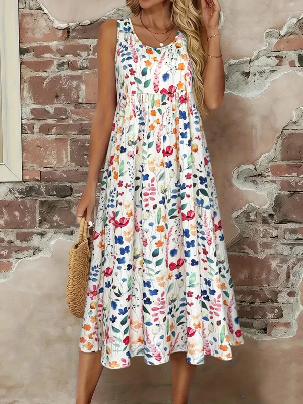 Women's Watercolor Floral Print Sleeveless Midi Dress Summer Casual Round Neck A Line Flowy Sundress — image 2