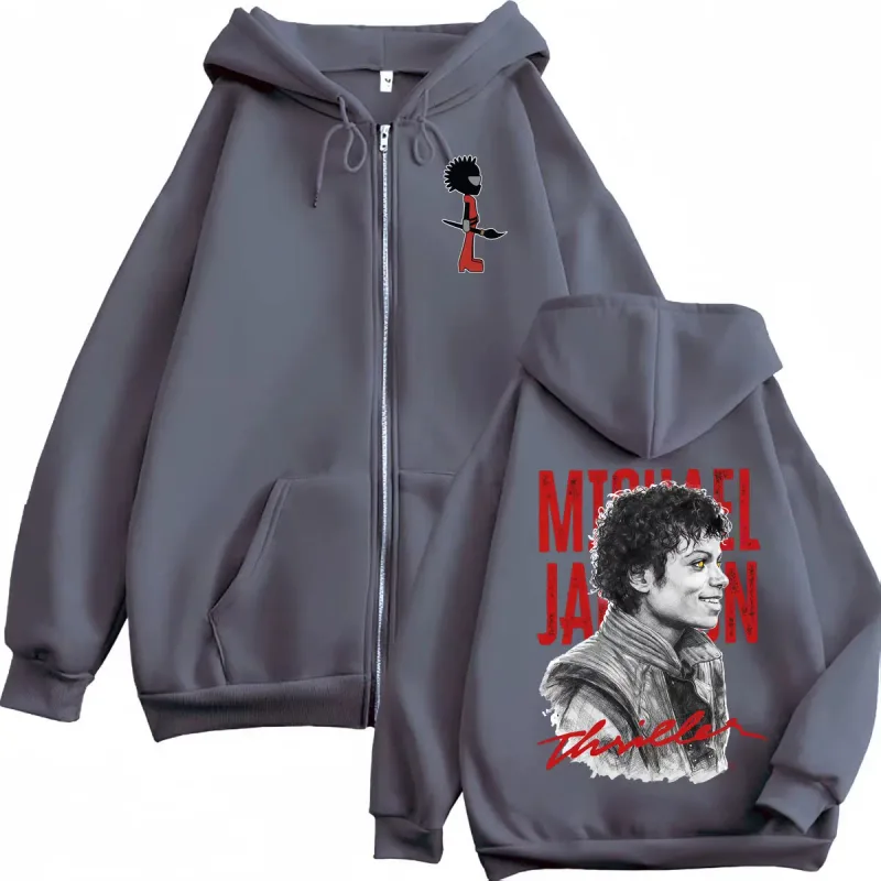 90's Rock Singer Michael Jackson Graphic Zipper Hoodies Vintage Fashion Zip Up Sweatshirts Men Women Casual Oversized Pullovers — image 3