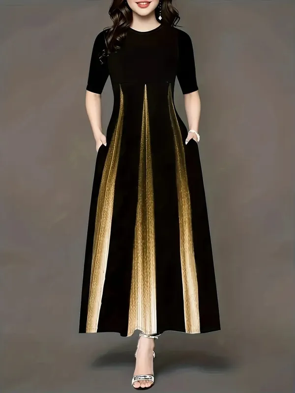 Summer new gradient vertical print dress with round neck loose sleeves slimming temperament long skirt — image 4