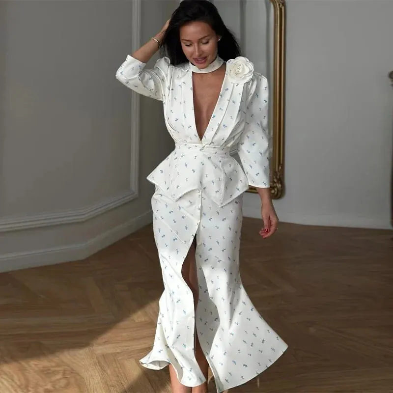 2026 Spring Summer Print Women Dress Sexy 3d Flower Button V-neck Pleated Hip Package Long Sleeve Dresses Party Lady Robe New — image 8