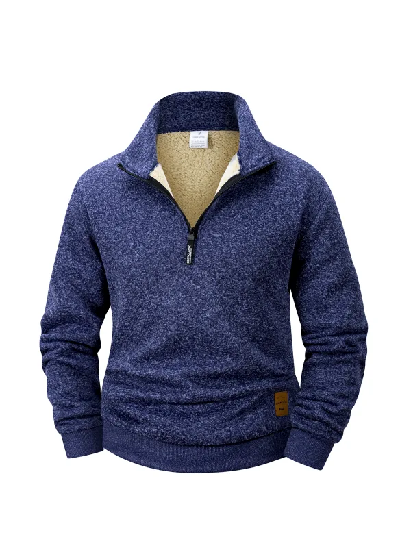 Men Fleece Lined Sweatshirts Winter Warm Pullover Half Zipper Pullover for Male Hoody Outdoor Sweatshit Solid Color Stand Collar — image 3