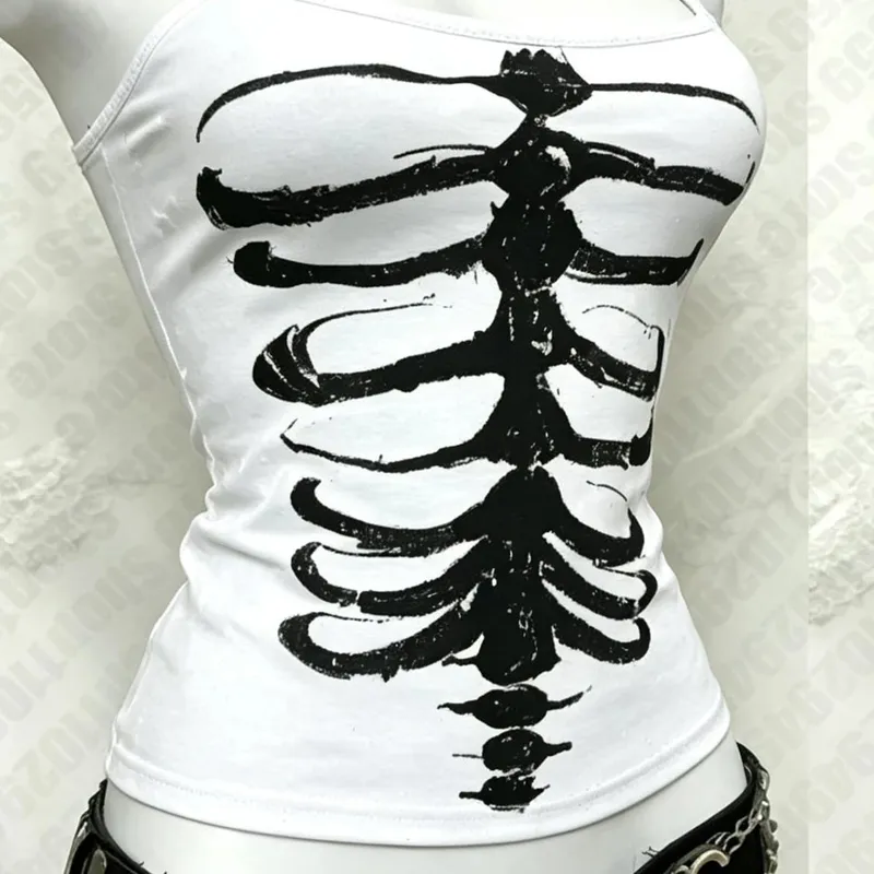 Y2K Gothic Alt Sleeveless Crop Top Vintage Grunge Skeleton Front Back Graphic Slim Women Skeleton Ribcage Spine Cami Tank Tops — image 2