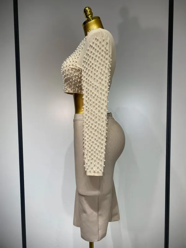 Vrouwen Sexy Lange Mouw Mesh Parel Top Celebrity Midi Vrouwen Bandage Set 2025 Designer Avondfeest Luxe Verjaardag Tweedelige Set — image 3