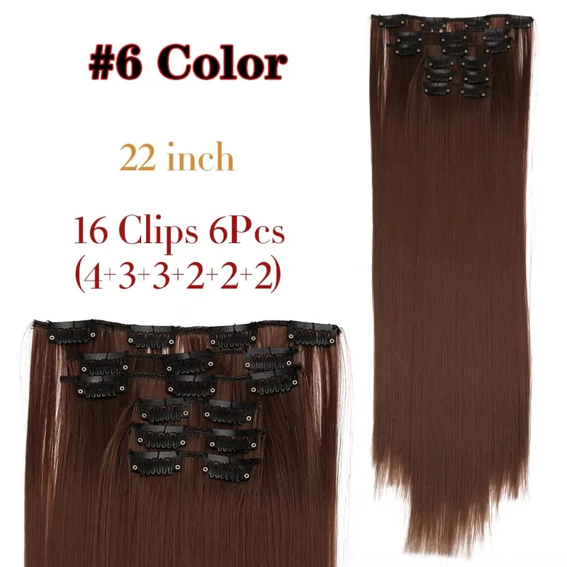Black Clip In Extensions Straight 22" Long Synthetic Thick Clips On Hair Piece For Women 6Pcs/Set Curly Full Head Weddings Daily