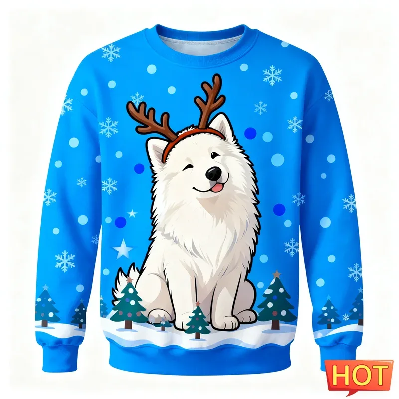 Cute Samoyed Graphic Ugly Christmas Sweater Fashion Holiday Wear Dog 3D Printed Sweatshirts Casual Oversized Unisex Pullovers