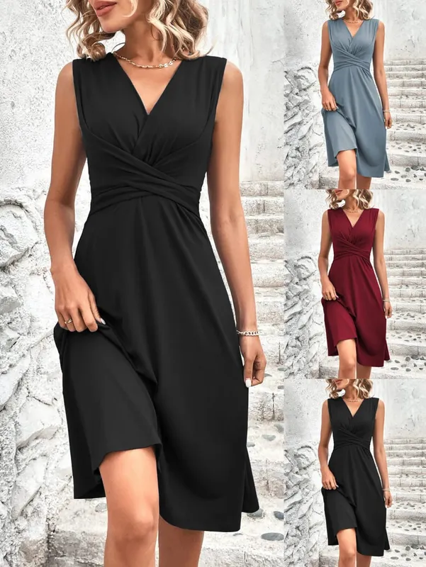 Women's Elegant V Neck Wrap Waist Midi Dress Sleeveless Solid Color Casual Flowy A-Line Summer Dresses — image 1