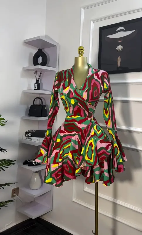 Women Tie Dye Print Flare Long Sleeve Wrap V-neck with Sashes Ruffle Dress 2026 Elegant Vacation Party Birthday Dresses — image 6