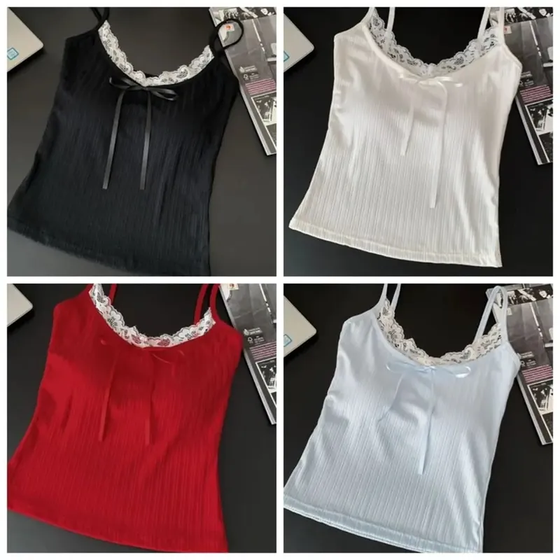 Waist-cinching Sleeveless Slim Lace Crop Top Y2k Solid Color Camisole with Pads Bottoming Shirt Sweet Lace Patchwork Vest Lady — image 6