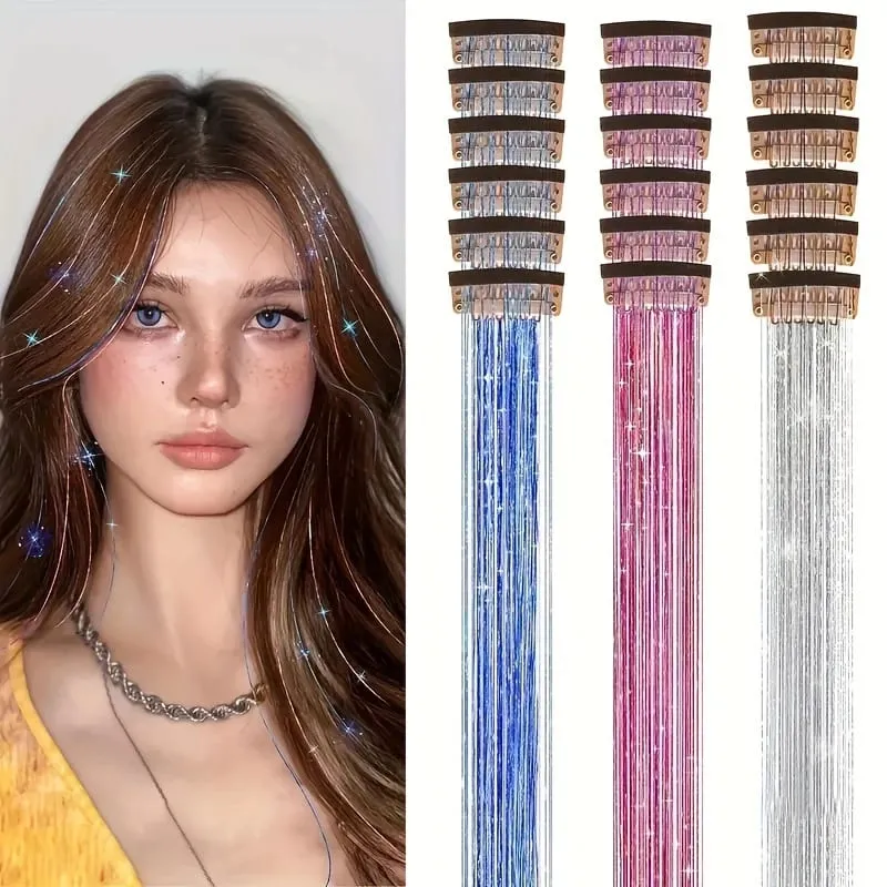 12pcs Per Pack of BB Hair Clips Shiny Metallic Hair Extensions with Clips Synthetic Hair Sparkling Hair Accessories for Women — image 2