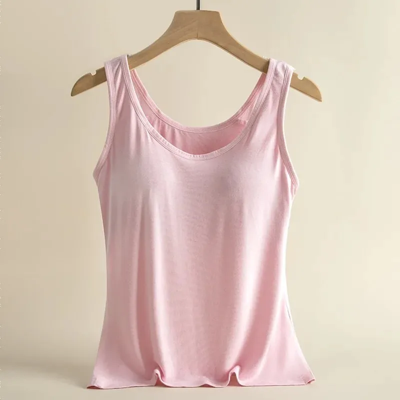 1pcs Women's Vest Tops Round Neck Vests Solid Color Padded Slim Fit Tank Tops Sexy Feminino Casual Tank Tops With Built In Bras — image 12