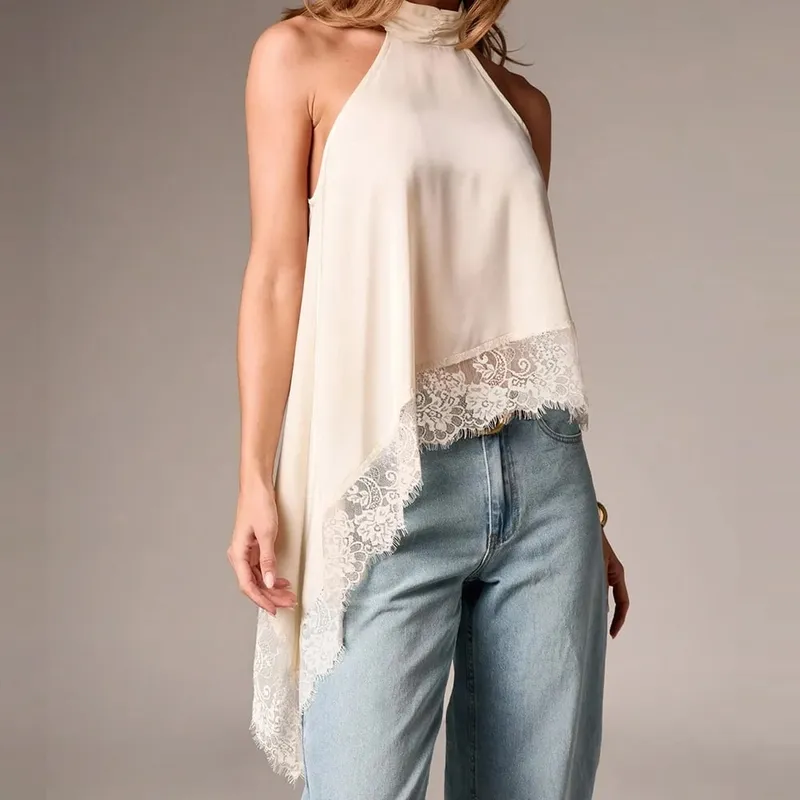 Women Boho y2k Coquette Lace Trim Halter Crop Tops Retro Sleeveless Backless Loose Irregular Hem Tanks Cropped Camis Vests