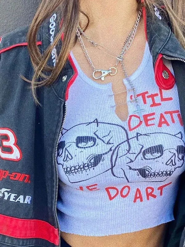 Quadratischer Kragen, trendiger Briefdruck mit Dornschnallen, Tanktops für Damen, mit Totenkopf-Motiv, lässig, dehnbar, ärmelloses Crop-Top — image 3