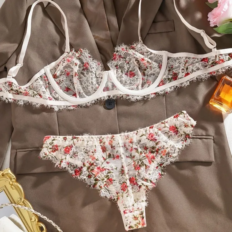 Soutien-gorge Ultra fin en dentelle florale, sans doublure, ensemble slip, sous-vêtements avec anneau en acier, transparent, Lingerie Sexy, brassière pour femmes, été — image 3