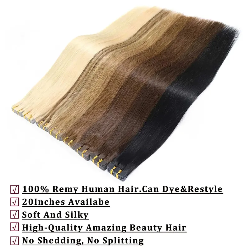 Honey Blonde Highlight Tape In Human Hair Extensions For Women Double Drawn Invisible Silky Straight Balayage Hair 20pcs/Pack — image 2