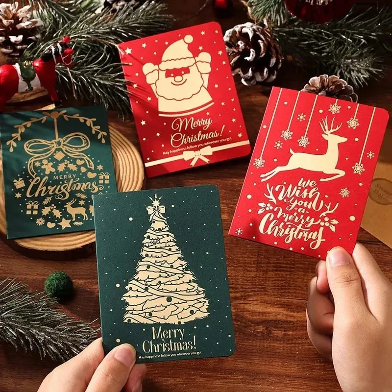 10Pcs Vintage Gold Foil Christmas Folding Greeting Cards Multi Pattern Blessing Holiday Cards New Year Postcard Gift Cards — image 1