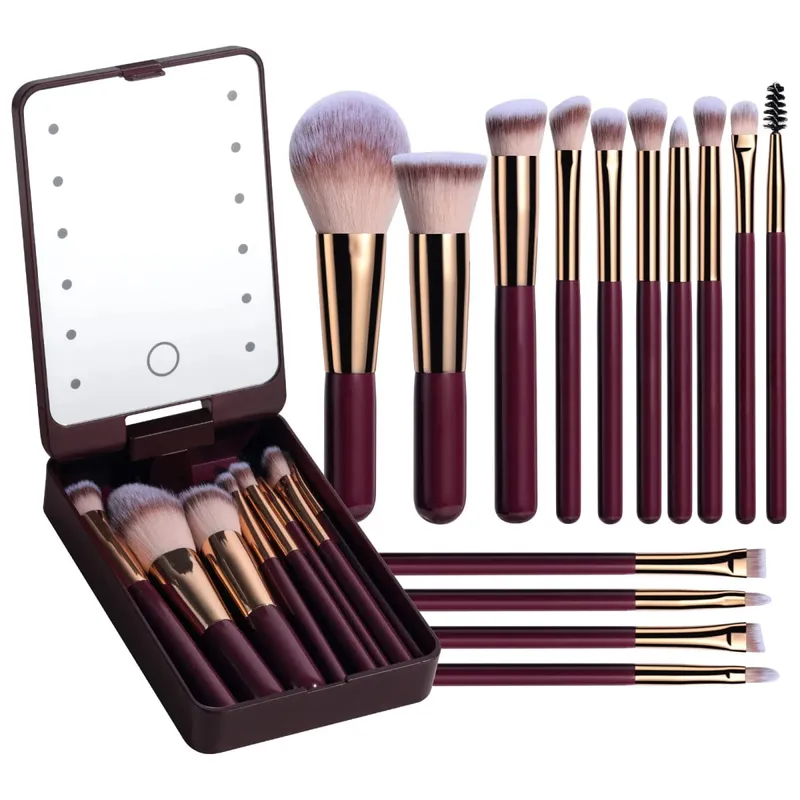 14 PCS Makeup Brush Set With Illuminated Mirror Portable Short Handle LED Light USB Rechargeable Makeup Brushes Kit — image 6