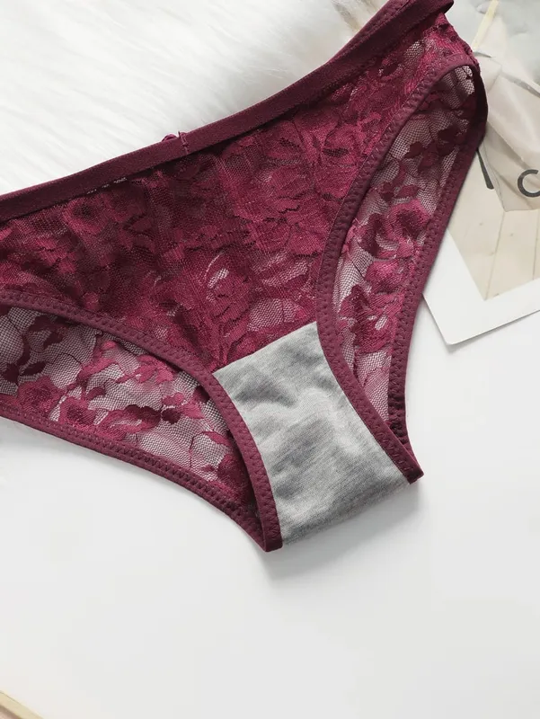 Women Sheer Lace Bra Set Front Hook Closure Wireless V Neck Brassiere Burgundy Floral Lace Underwear Panties Suit Sexy Lingerie — image 6