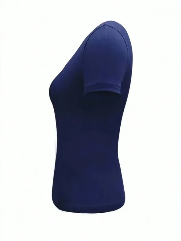 Woman Solid Crop Top Short Sleeve Summer Sexy Elegance Leisure Henley Collar Semi Slim Button Navy Blue T-shirt Top — image 2