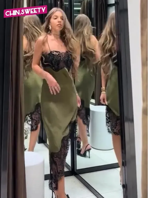 Chic Lace Patchwork Satin Camisole Dress Sleeveless See Through Irregular Hem Dresses 2026 New Party Daily Outdoor Casual Attire — image 2