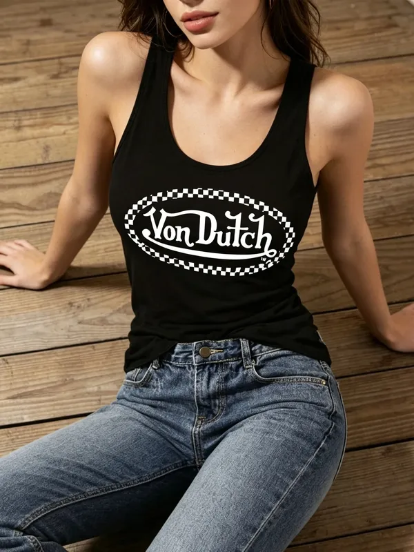 Women's Y2K American Street Retro-Style Checkered Border Printed Casual Tank Top for Summer Sports Use