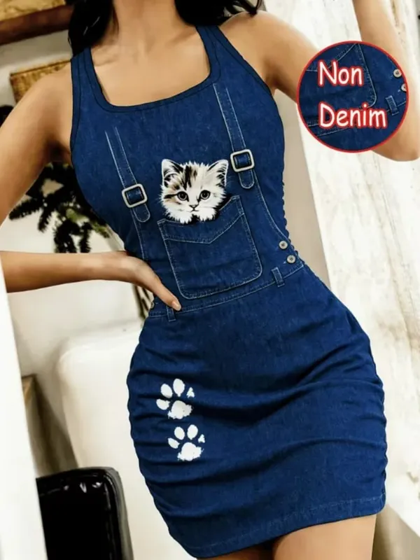 Women’s Spring and Summer Casual Home Wear Tailored Waistcoat with Sleep Dress Faux Denim cartoon Cat Print Sleeveless Sleep — image 2