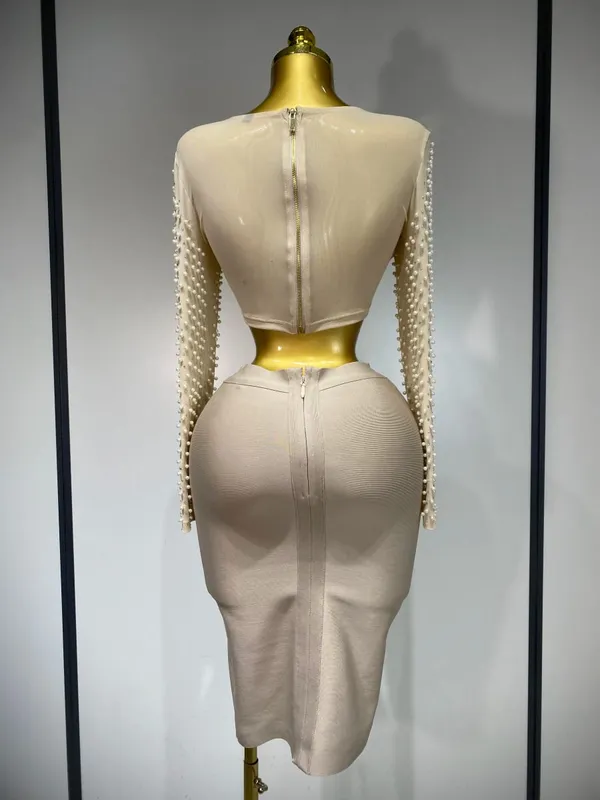 Vrouwen Sexy Lange Mouw Mesh Parel Top Celebrity Midi Vrouwen Bandage Set 2025 Designer Avondfeest Luxe Verjaardag Tweedelige Set — image 4