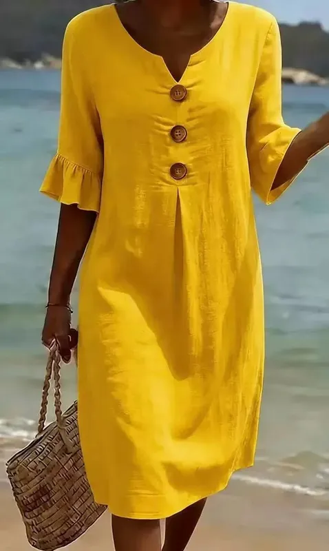 2026 Amazon European and American Cross-Border Spring and Summer New Cotton and Linen V-Neck Dress with Large Buttons and Ruffle — image 8