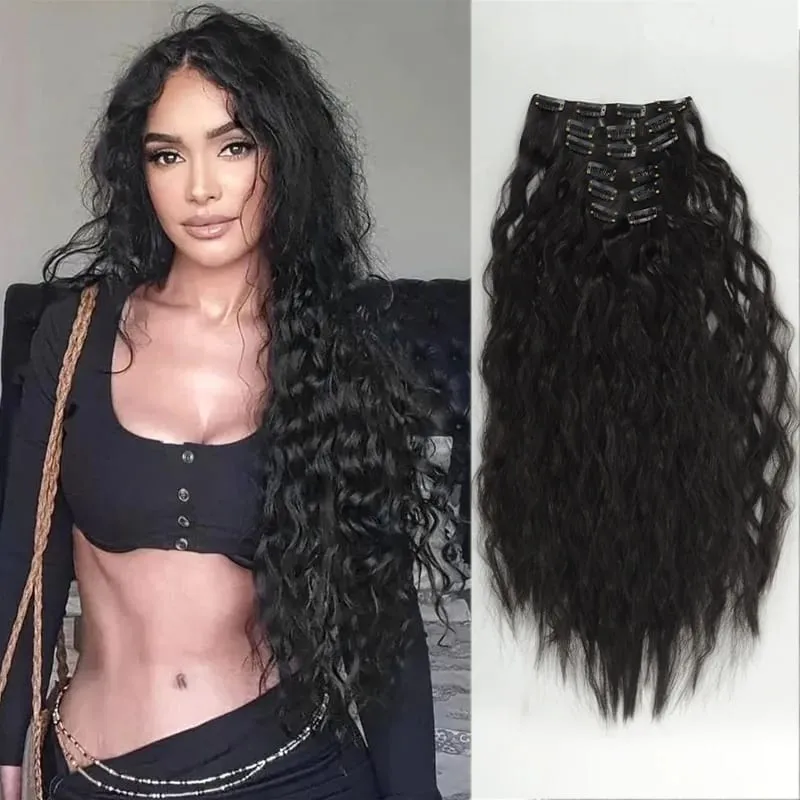 24 Inches 16 Clip Black Natural Daily Long Curly Hair Extensions Seven-Piece Set For Women