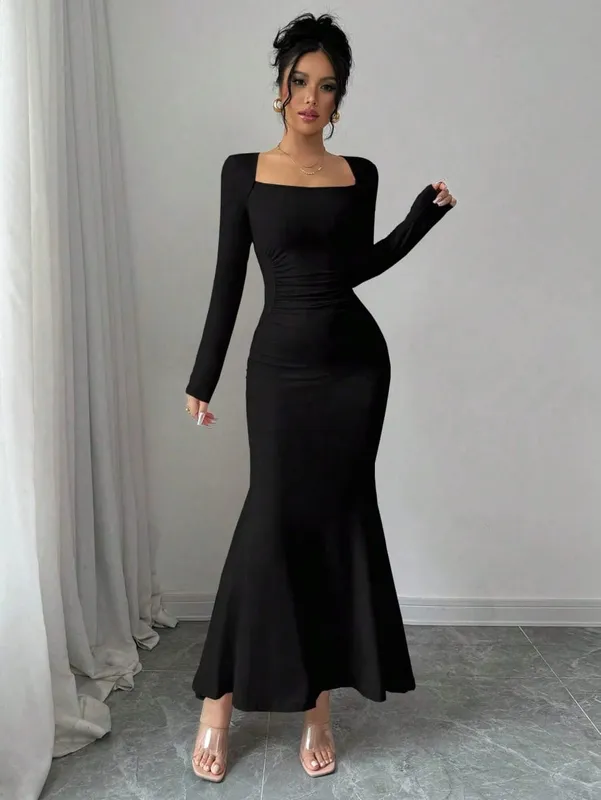 Women's Four Seasons New Style Women's Elegant Temperament Retro Solid Color Square Collar Long Sleeve Dress — image 4