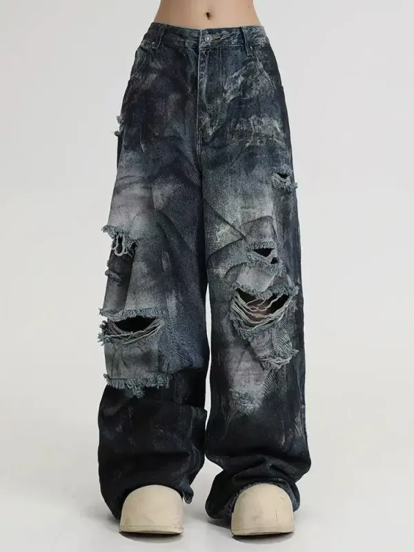 Inkjet Hole Jeans Men Women New American Washed Hip-Hop Wide-Leg Pants Gothic Street Straight Pants