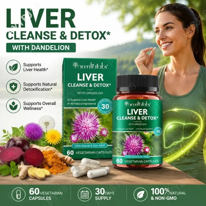 Acentialabs Liver Cleanse & Detox Capsules with Dandelion Milk Thistle Extract for Liver Digestion Health Support 60 Capsules — image 1