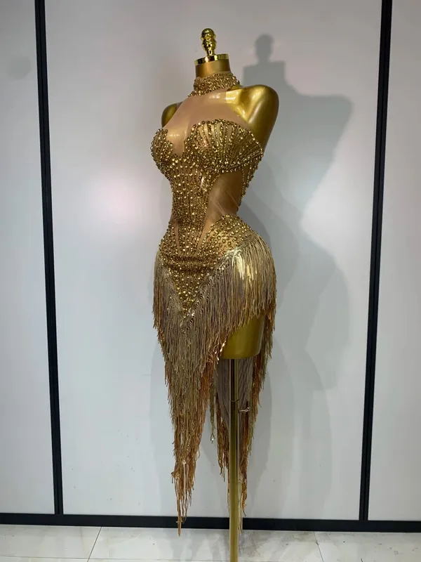 Sexy Stage Costume Sparkly Rhinestone Mesh Transparent Sequins Tassel Evening Birthday Party Nightclub Dance Singer Outfit