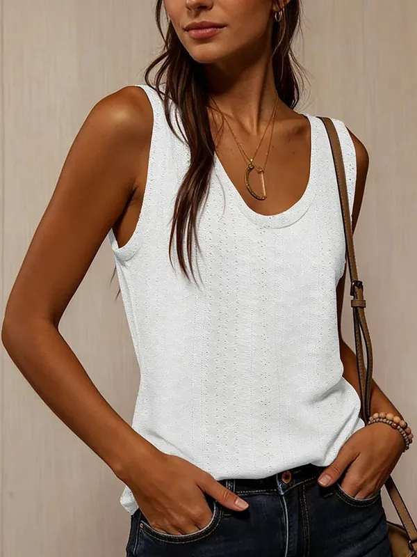 Women's Tank Top Spring Summer White V Neck Sleeveless Perforated Texture Relaxed Fresh Elegant Daily Casual Top — image 4