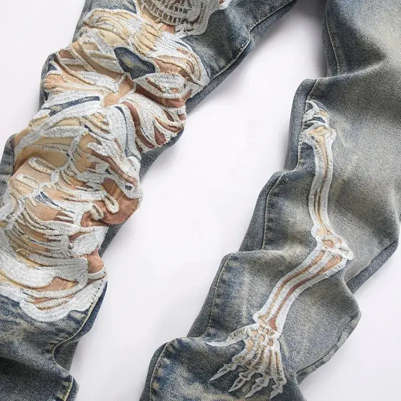 Men's Skull Boot Cut Denim Jeans Vintage Blue Devil Embroidery Stretch Pants Slim Flared Trousers — image 4