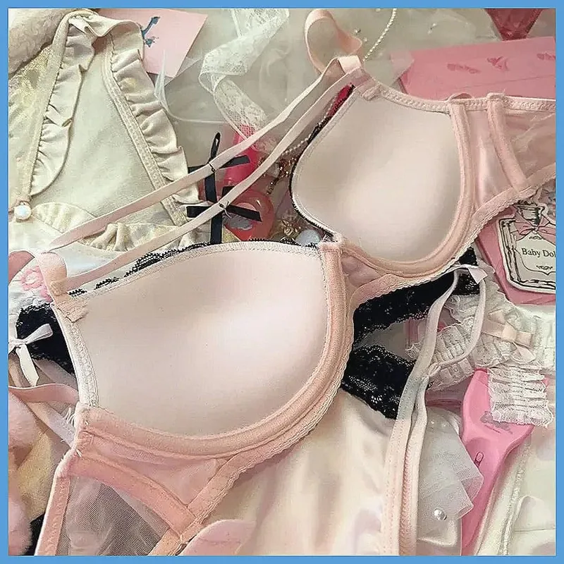 Sexy Lace Lingerie Set with Bow Spaghetti Straps & Steel Ring Uplift Bra for Women — image 5