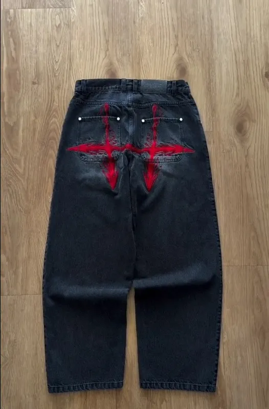 Y2K Vintage Loose Denim Pants Black Japan Cartoon Pattern Embroidered Jeans Women Wide Leg High Waist Streetwear Men Jeans