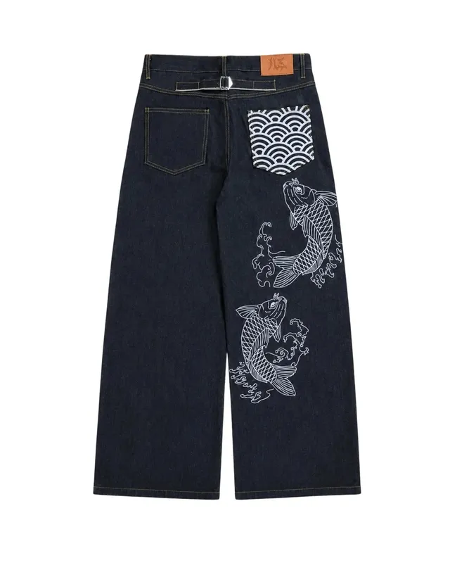 Men Japanese Koi Fish Embroidered Wide Leg Jeans Sukajan Baggy Denim Pants Loose Streetwear Hip Hop Casual Trousers For Male New — image 9
