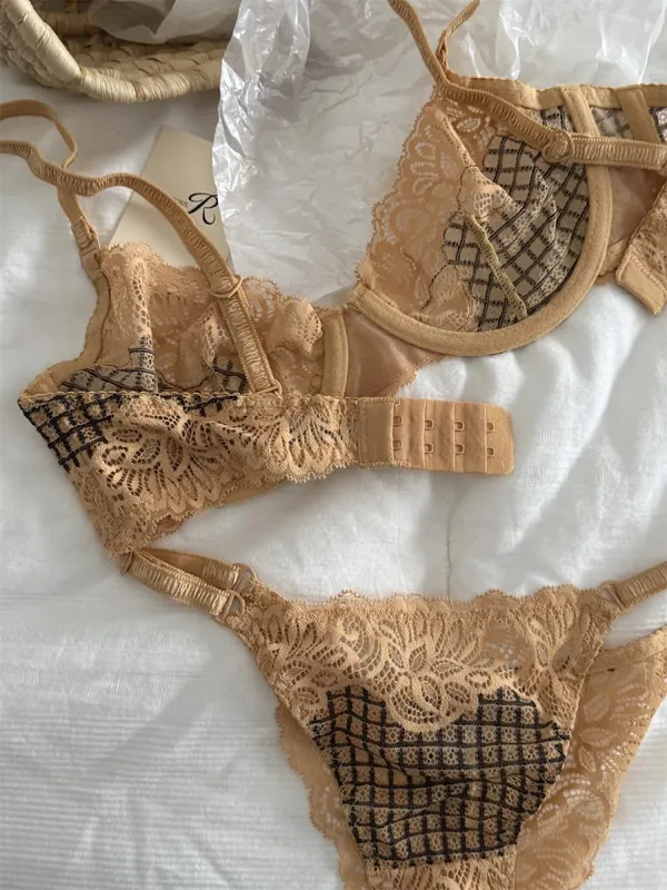 Bra lattice embroidery mesh underwear women small fresh top lingerie with panties support large breasts show small bra set — image 4