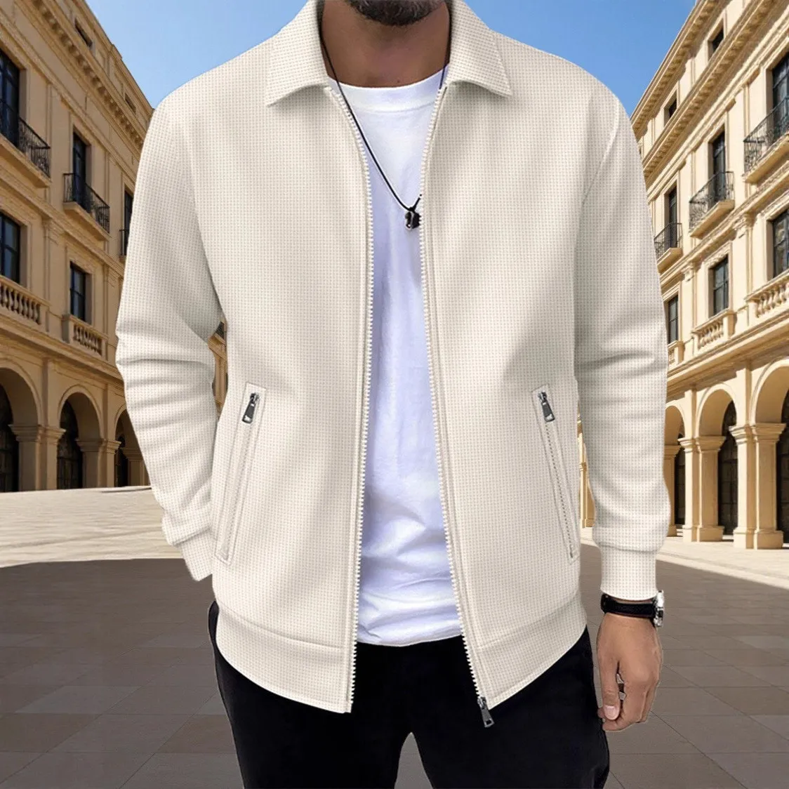 Men's 2026 Fall Long-Sleeve Waffle Knit Turned-Down Collar Jacket, Klein Blue Zipper Cardigan for a Casual Fashion Look — image 4